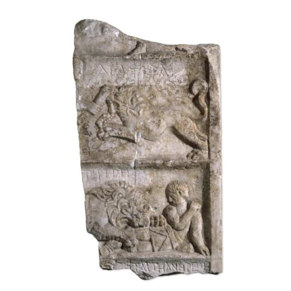 Marble relief with lion and gladiator.