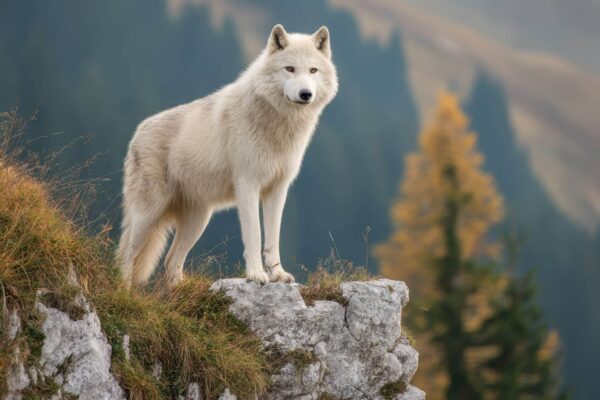 AI-generated conceptual image of a Dire Wolf standing on a mountain cliff.