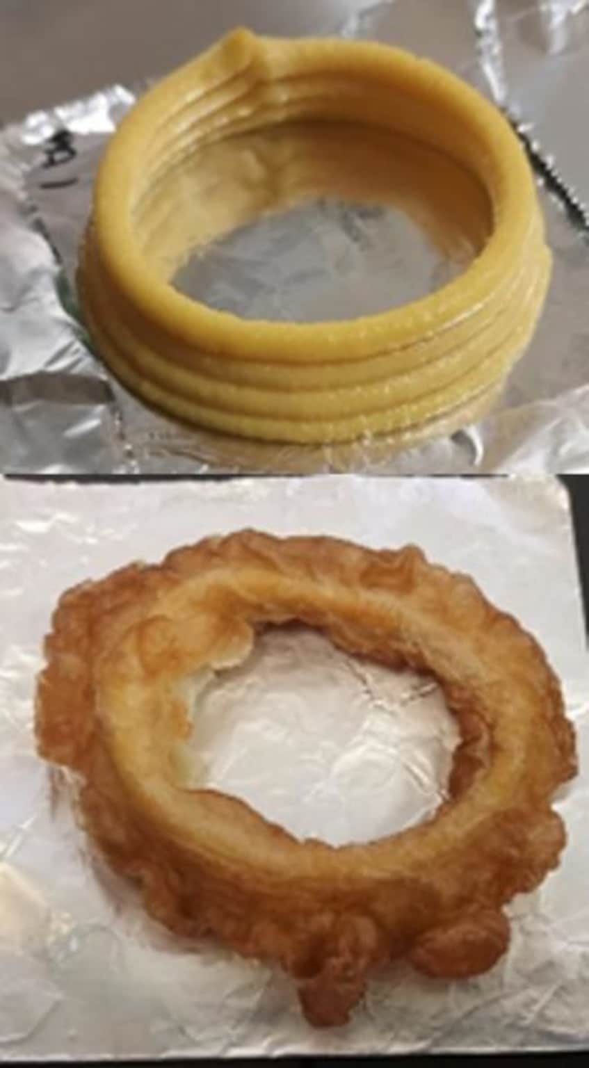 3D-printed calamari before and after frying