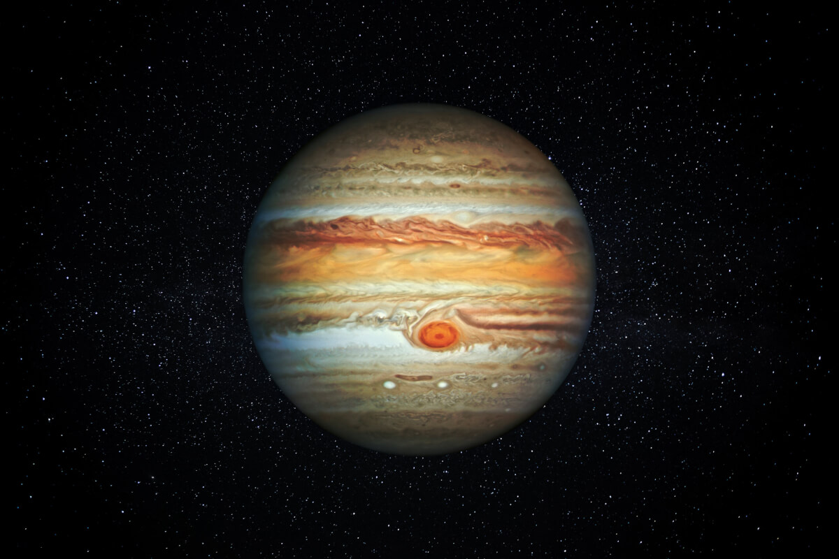 Planet Jupiter gas giant in the Starry Sky of Solar System in Space.