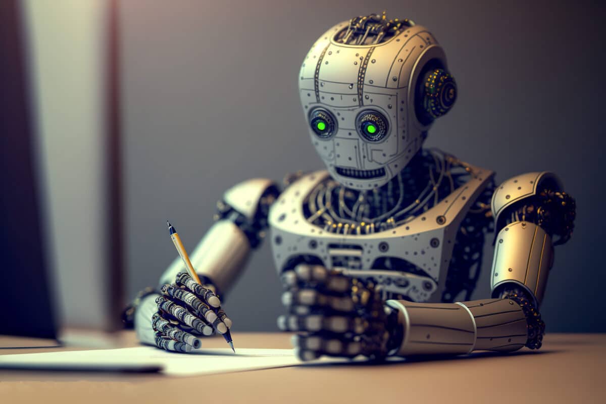 Generative AI bot writing answers with pen on paper