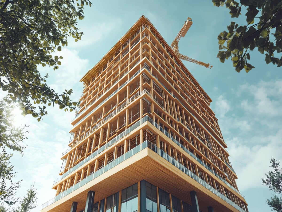 Modern wooden building under construction with crane, surrounded by trees